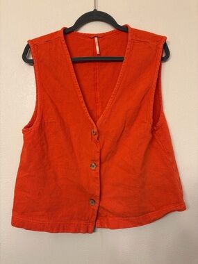 Free People Women's Orange Red Vest with Wooden Buttons Boho Size Medium